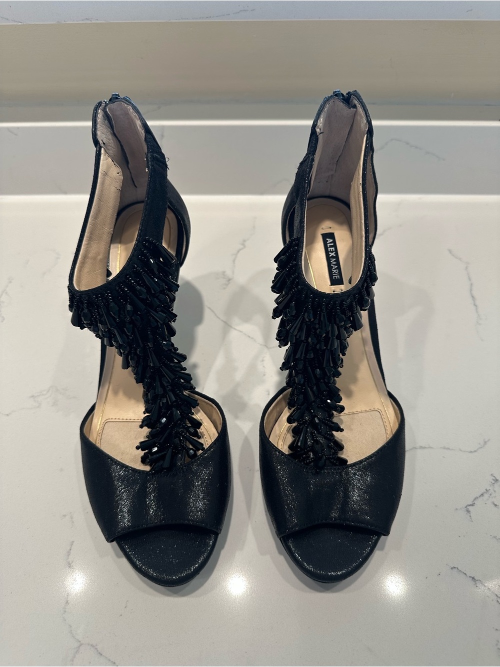 Alex Marie Black Beaded T-Strap Dress Heels - size 8.5M
